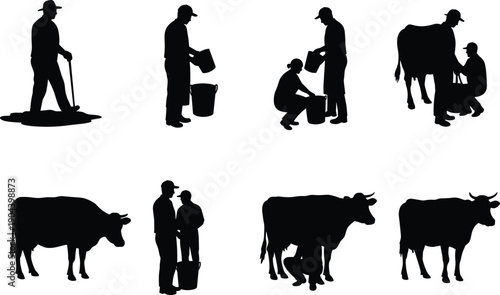 Farmer and cow silhouettes, rural agriculture vector, livestock feeding artwork, farm life illustration, bucket carrying design, countryside labor scene, agricultural teamwork graphic