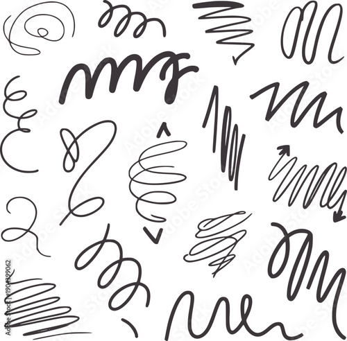 Collection of hand drawn black ink scribbles and arrows