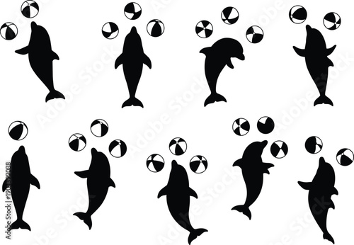 Dolphin silhouettes with beach balls, playful marine animals vector, ocean wildlife artwork, aquatic sport illustration, educational puzzle design, whimsical sea activity scene