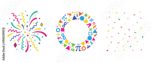 Abstract confetti burst with colorful streamers, geometric shapes, math symbols like pi, infinity, division, multiplication, festive artwork.