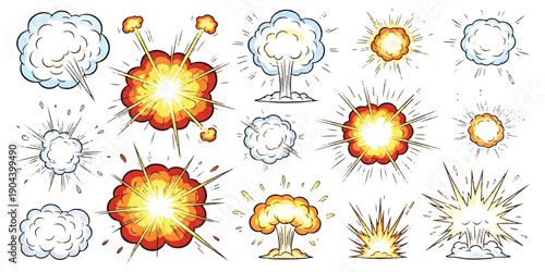 A collection of various cartoon and comic book style explosion effects, including fireballs and smoke clouds