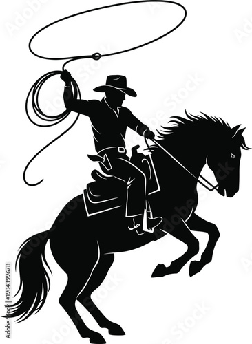 Cowboy riding horse silhouette with lasso rope in motion