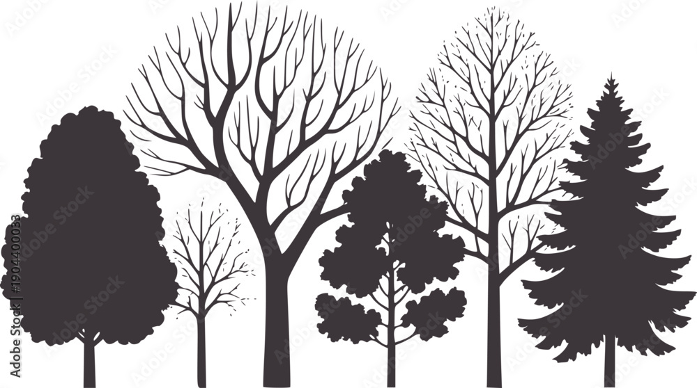 Fototapeta premium Monochrome silhouette forest with diverse tree shapes and bare branches trees