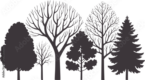 Monochrome silhouette forest with diverse tree shapes and bare branches trees