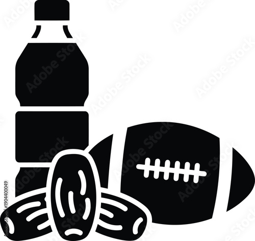 Ramadan iftar healthy sports concept with water bottle dates fruit and american football silhouette icon