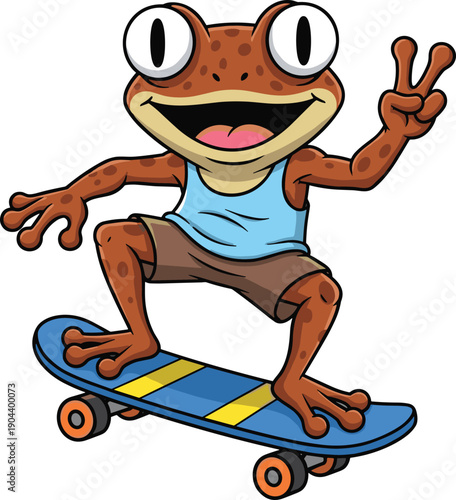Cheerful cartoon frog riding skateboard showing peace sign, fun amphibian mascot illustration, playful character design isolated on white background