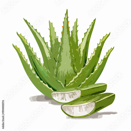 Aloe vera plant with sliced leaves showcasing its gel interior in a digital illustration
