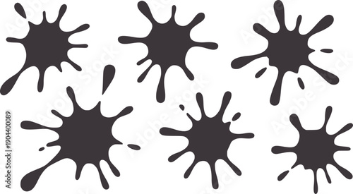 Six dark grey ink splatters paint splash drop