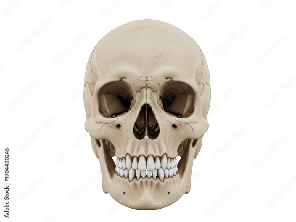 Obraz premium Human skull anatomical model showing detailed bone structure and teeth