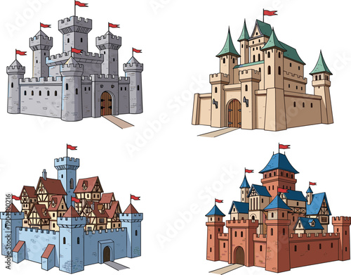 Collection of medieval castles with towers, flags and fortified walls, fantasy architecture set in colorful cartoon vector illustration style