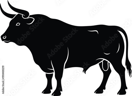 Silhouette of a standing bull with detailed body outline and horns in profile