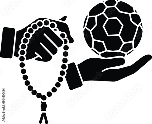 Ramadan sports fan concept hands holding islamic tasbih beads and soccer ball silhouette icon