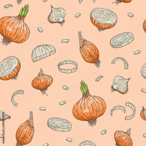 Seamless pattern of onions rings and slices. Sketch style. Doodle. Fresh, organic vegetables. Healthy food. Herbs, fragrant spices. Vector illustration.