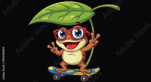 Cute cartoon frog skateboarding with green leaf umbrella on dark background, smiling amphibian mascot character illustration, playful vector art