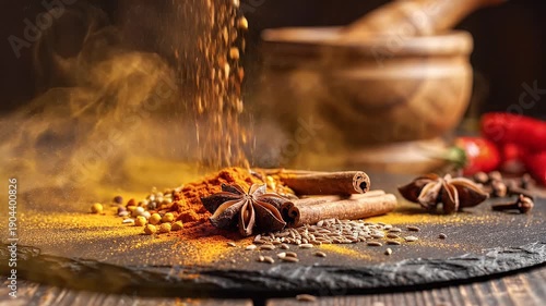Spices Falling on Slate Board with Smoke.