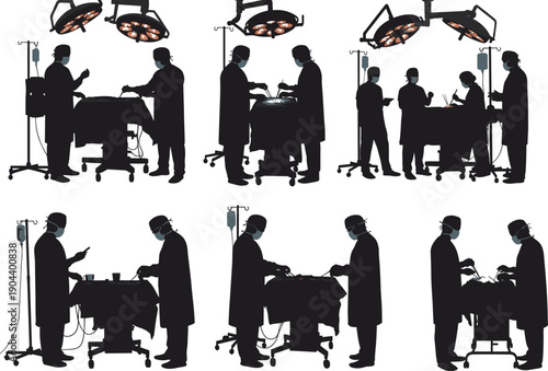 Operating room silhouettes, surgeons performing surgery, medical staff teamwork vector, hospital healthcare illustration, surgical equipment artwork