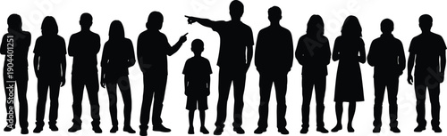 Group of people silhouette standing together, diverse crowd with adults and child pointing gesture, human figures isolated on white background