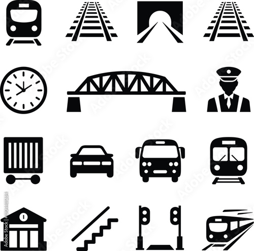 Railway transportation icons, train station building, cargo cart bus car, railway track tunnel bridge signal clock, conductor staff vector illustration