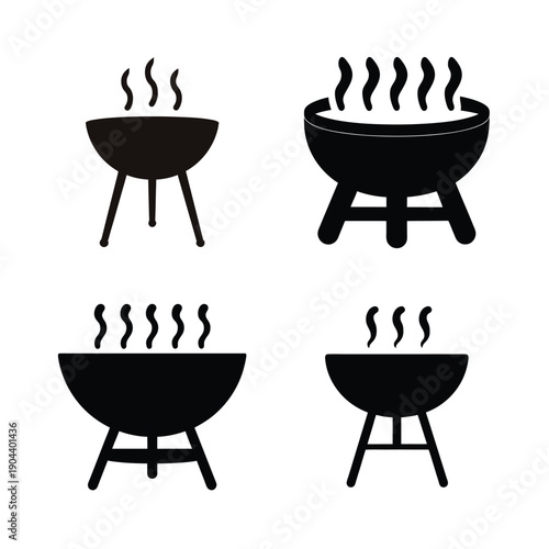 Four iconic styles of outdoor charcoal grills emitting steam in black and white