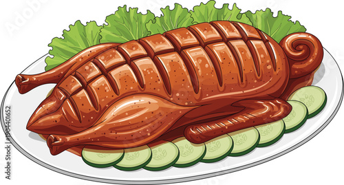 Roasted whole duck on white plate with cucumber slices and lettuce garnish, traditional food illustration, detailed cartoon vector style