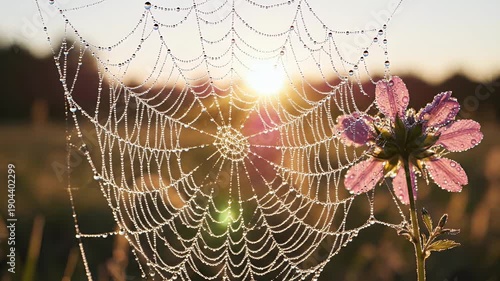 Spider Web with Dew and Pink Flower.