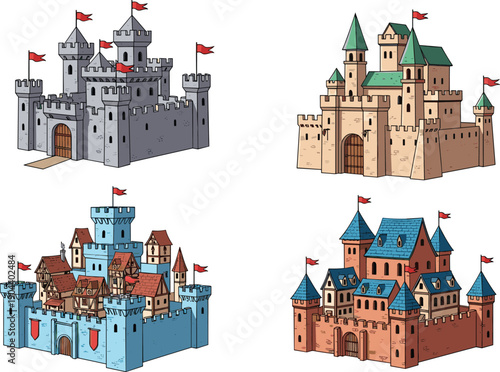 Set of medieval fantasy castles with towers, gates and red flags, colorful cartoon vector illustrations of fortified architecture collection