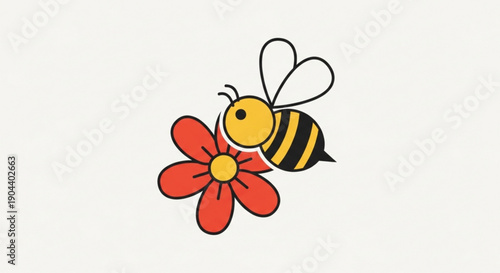 A cartoon bee flying towards a vibrant red flower with yellow center on white background symbolizing nature and pollination