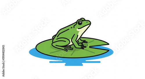 Green frog sitting on a lily pad in water looking calm and serene in a natural environment