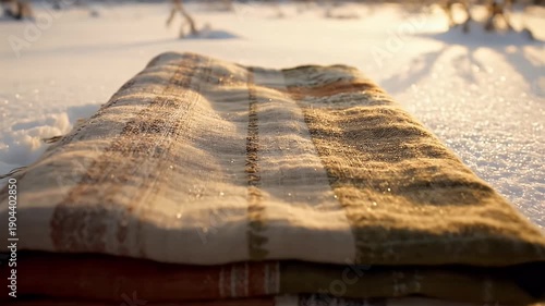 Stack of Blankets on Snowy Ground.