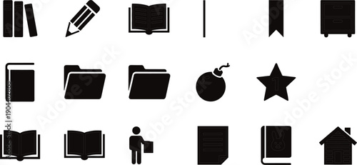 Education and office icon set with books folders documents stationery symbols solid vector collection for web ui