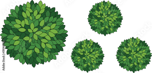 Top view green bushes set, round leafy shrubs isolated on white background for landscape design, maps, games, and illustrations