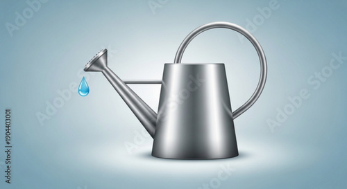 Silver metal watering can with droplet of water on light blue gradient background gardening tool