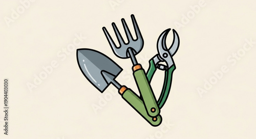 Gardening tools illustration featuring trowel fork and pruning shears with green handles on a beige background symbolizing gardening and cultivation