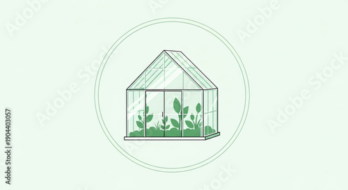 Greenhouse with plants inside a transparent circle on light green background