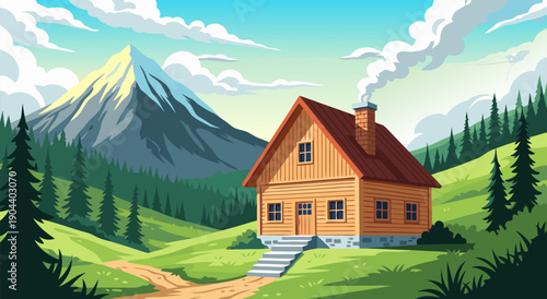 Charming Wooden Cabin Nestled in Lush Green Mountainside A Beautiful Vector Illustration of Nature's Serenity