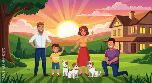 Happy family with dogs in a sunny backyard, a vibrant vector illustration depicting joyful outdoor living with pets and children, perfect for lifestyle and animal themes