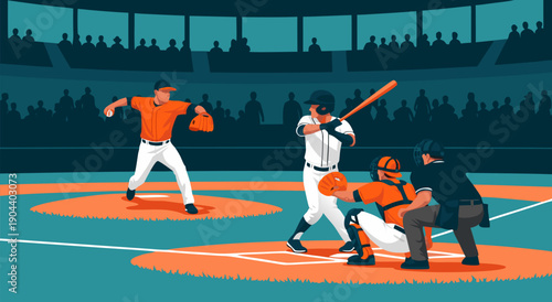 Baseball Game Action Vector Illustration Batter, Pitcher, Catcher, and Umpire in a Stadium Crowd