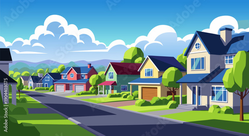 Charming Suburban Neighborhood Scene Vector Illustration with Houses, Streets, and Trees Under a Blue Sky with Clouds