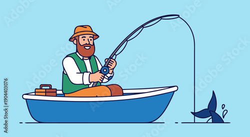 Happy Fisherman on a Boat with a Big Catch - Vector Illustration