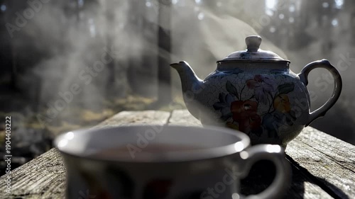 Steaming Teapot and Cup on Wooden Table.
