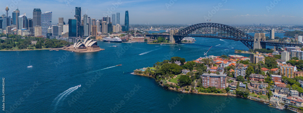 Fototapeta premium 7 February 2026 Panorama Aerial View of Harbour Bridge on Sydney Harbour Circular Quay cruise Liner on a nice Summer day beautiful Sky in Sydney NSW Australia