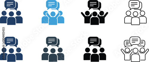 Team communication icon set with people group chat message symbols solid vector collection for business web ui