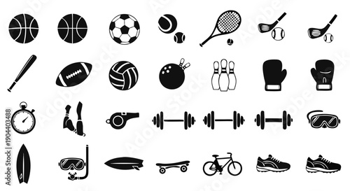 Sports Equipment Black Silhouette Icon Set Vector