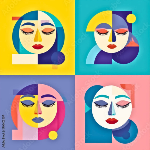Abstract female portraits in geometric style — modern pop art illustration from copy space