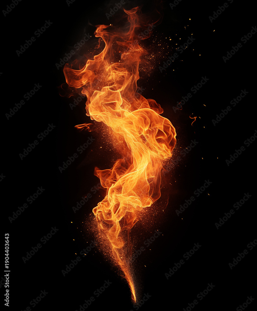 Fototapeta premium A dramatic abstract flame shape floating in the air, bright orange fire with sparks and smoke, isolated on pure black background, inferno or fire effects in modern design and advertising.