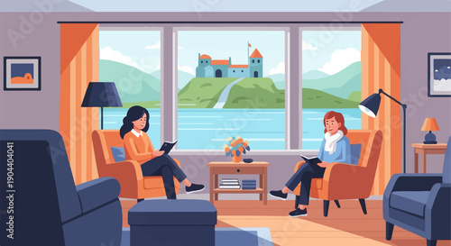 Cozy living room with two women reading books overlooking a scenic landscape