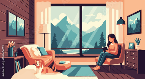 Cozy mountain cabin with a reader, cat, and scenic window view
