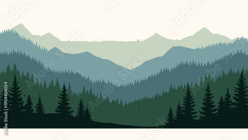Mountain Landscape with Pine Trees Silhouette.