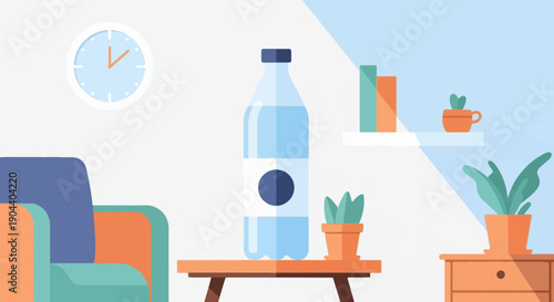 Cozy room with furniture, a water bottle, and potted plants