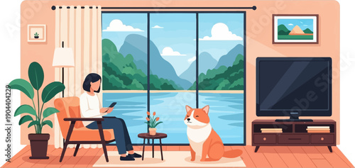Cozy room with large window showing mountain lake, person with phone and dog